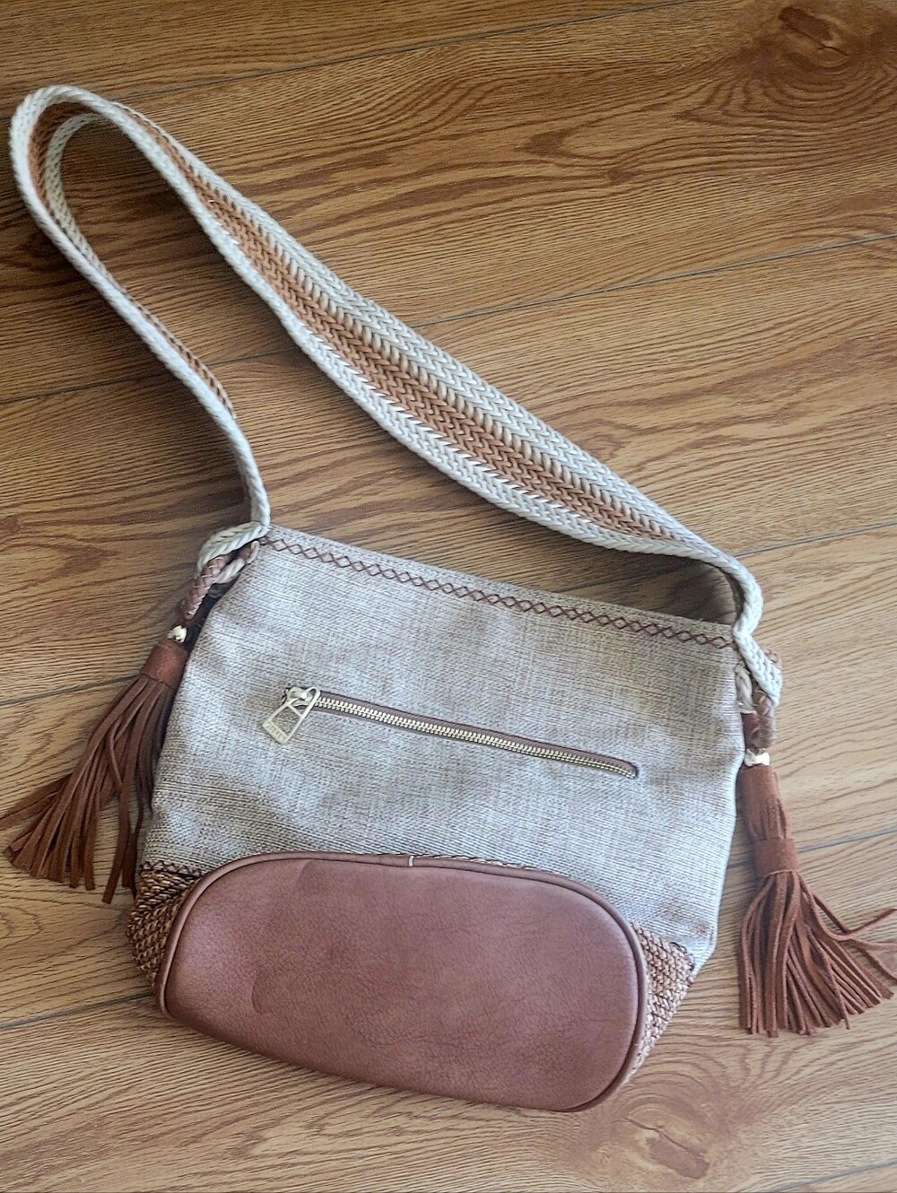 Steven Beige and Brown Textured Shoulder Bag with Tassel Accent
